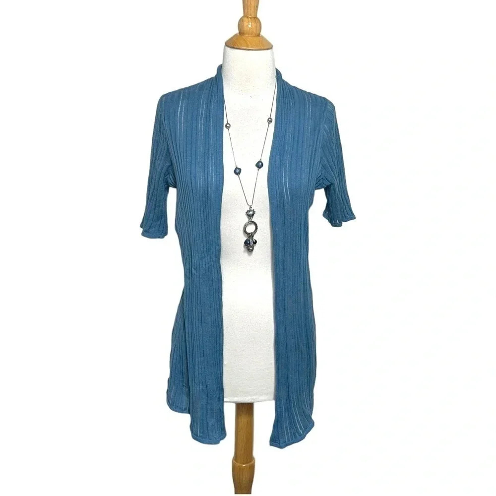 Chicos Cardigan Size 1 Blue Linen Cotton Ribbed Short Sleeve Open Front Sweater